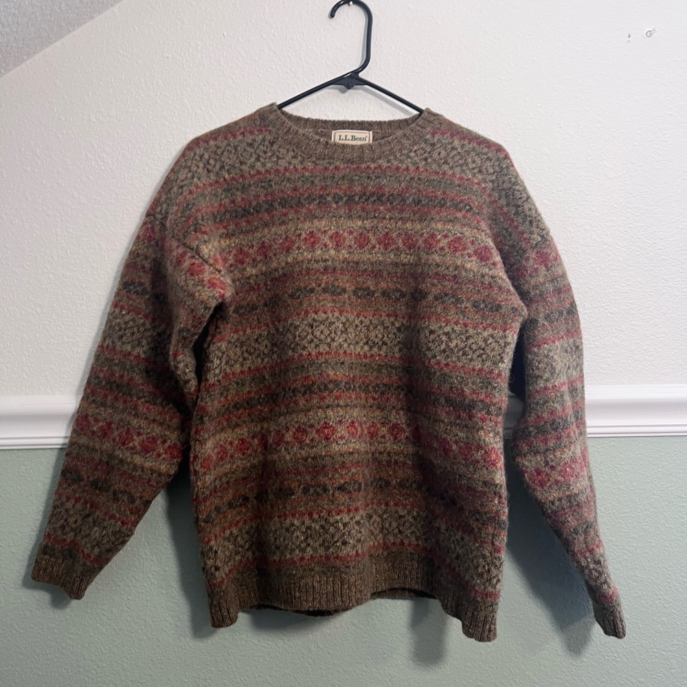 L.L. Bean Brown and Red Crewneck Sweater with Geometric Patterns